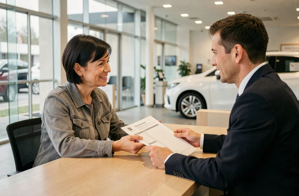 Cliente et conseiller automobile discutant d'un carnet d'entretien lors de la révision annuelle chez un concessionnaire