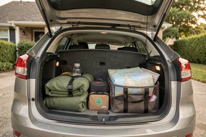 Coffre de voiture organisé avec des accessoires essentiels pour un voyage en vacances : couverture, trousse de secours et organisateur de voyage