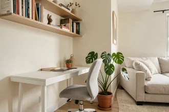 Coin bureau aménagé dans un salon scandinave avec bureau blanc, chaise ergonomique et étagères en bois