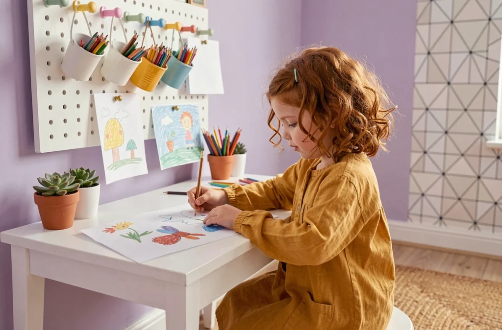 Jeune fille dessinant à un bureau créatif dans une chambre décorée avec un panneau de rangement en bois et papier peint géométrique