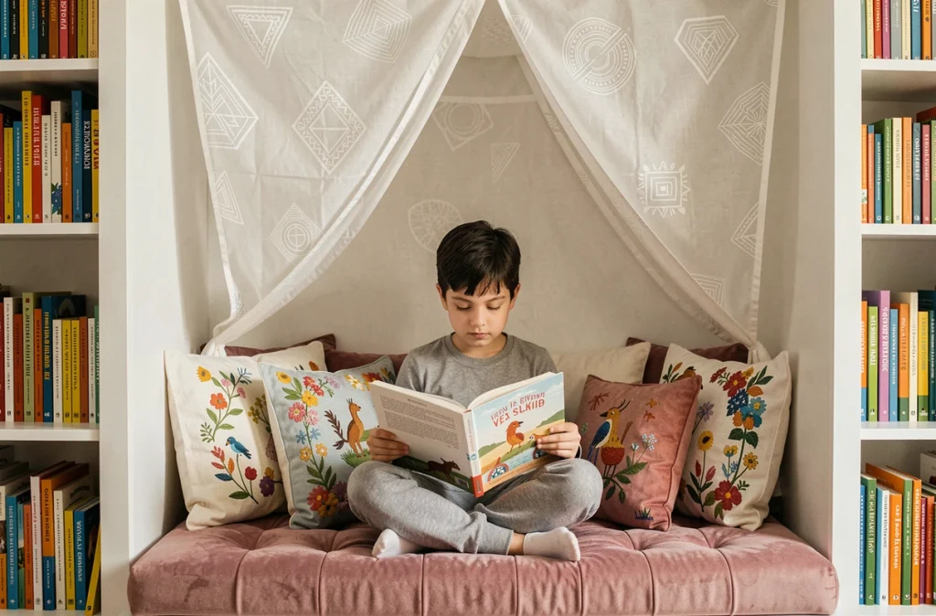 Garçon lisant dans un coin lecture personnalisé avec baldaquin en coton, coussins brodés et étagères de livres organisés par couleur