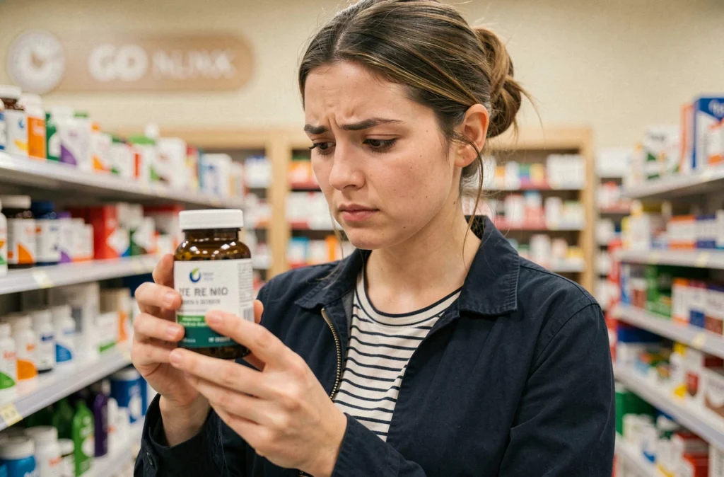 Jeune femme lisant une étiquette de compléments alimentaires pour la santé des yeux en pharmacie
