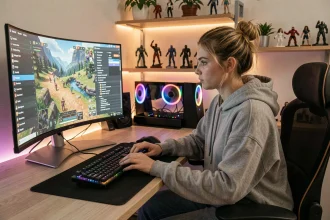 Jeune femme configurant des mods de jeu de simulation de vie sur un PC gaming avec interface de paramètres à l'écran