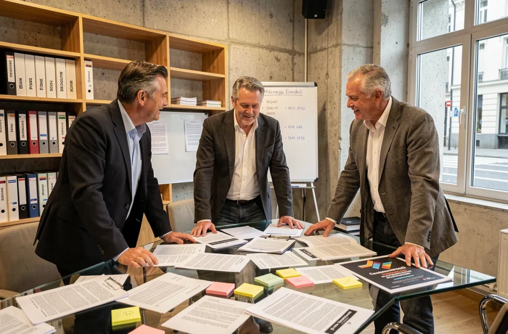 Producteurs de cinéma européens examinant des contrats de coproduction internationale pour un film à grand budget