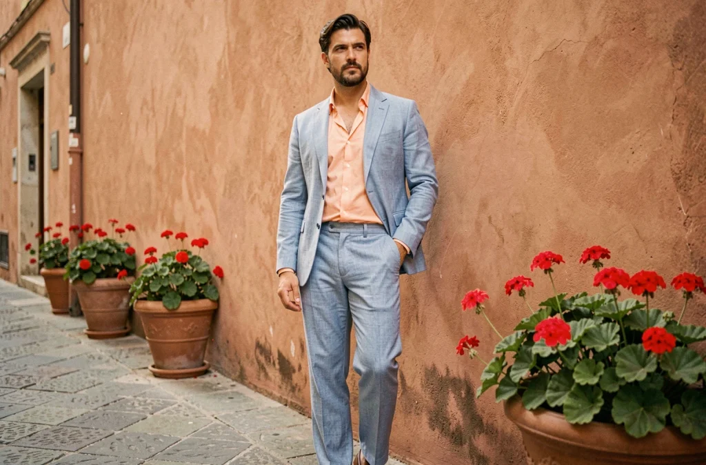 Homme en costume lin bleu poudré et chemise pêche dans une rue méditerranéenne, mode homme printemps-été pastel