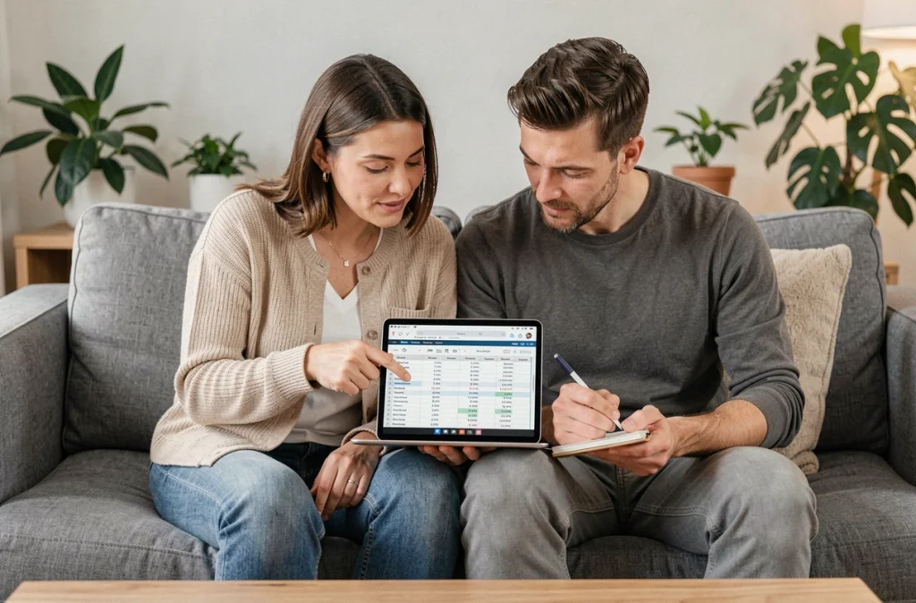 Couple comparant les coûts des abonnements streaming sur tablette pour optimiser leur budget mensuel