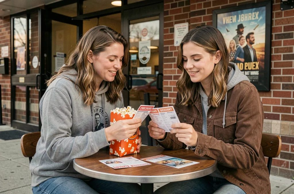 Couple comparant des coupons de réduction devant l'entrée d'un cinéma avec du popcorn fait maison