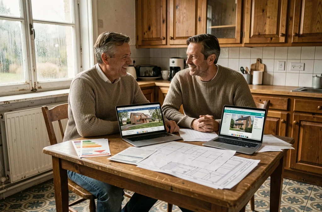 Couple étudiant les diagnostics énergétiques et les plans de rénovation avant l'achat d'un bien immobilier ancien