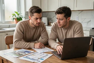 Couple de primo-accédants examinant des documents immobiliers et des plans d'appartement à une table de cuisine