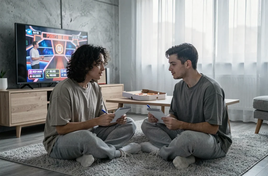 Jeune couple notant les scores d'un jeu télévisé dans leur appartement le weekend