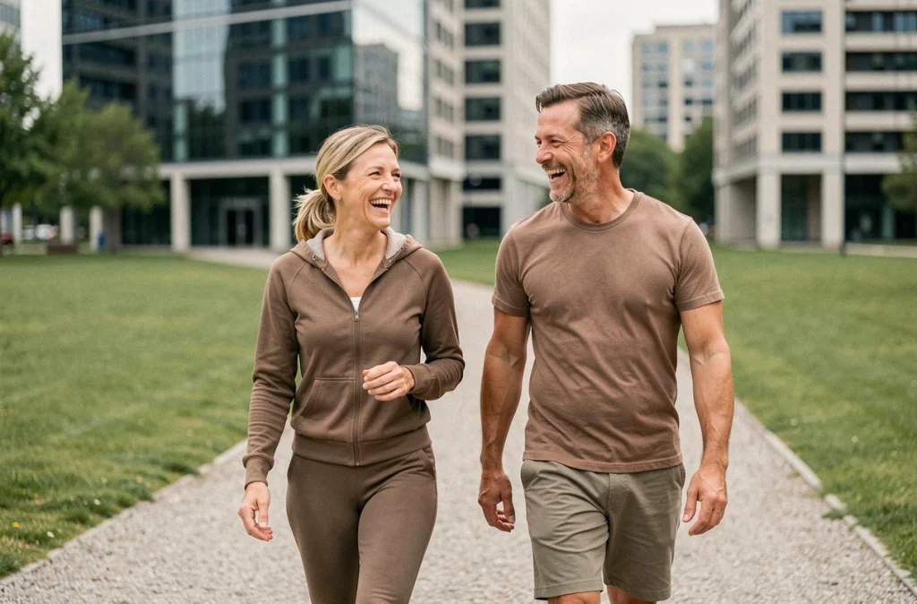 Couple en tenue de sport marchant ensemble dans un parc urbain dans le cadre d'une routine quotidienne bénéfique pour le cœur