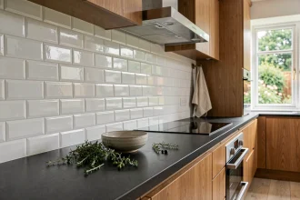Crédence de cuisine en carrelage métro blanc brillant au-dessus d'un plan de travail en marbre noir