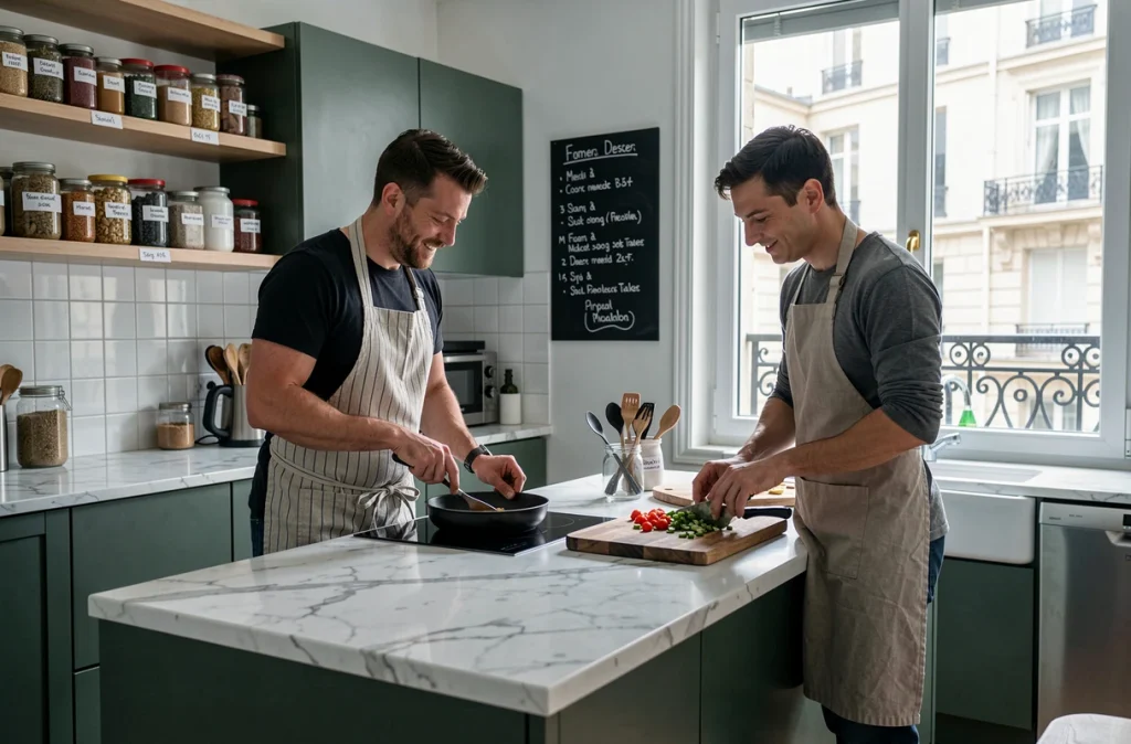 Deux hommes cuisinant ensemble dans la cuisine commune d'une résidence coliving à Paris avec décor contemporain