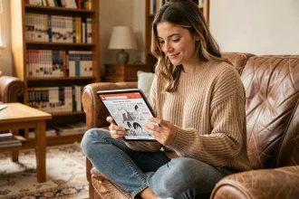 Jeune femme lisant des mangas en ligne sur Sushiscan FR depuis sa tablette confortablement installée dans son salon