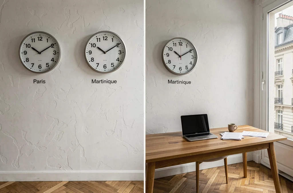 Deux horloges murales comparant l'heure de Paris et de la Martinique dans un appartement parisien moderne