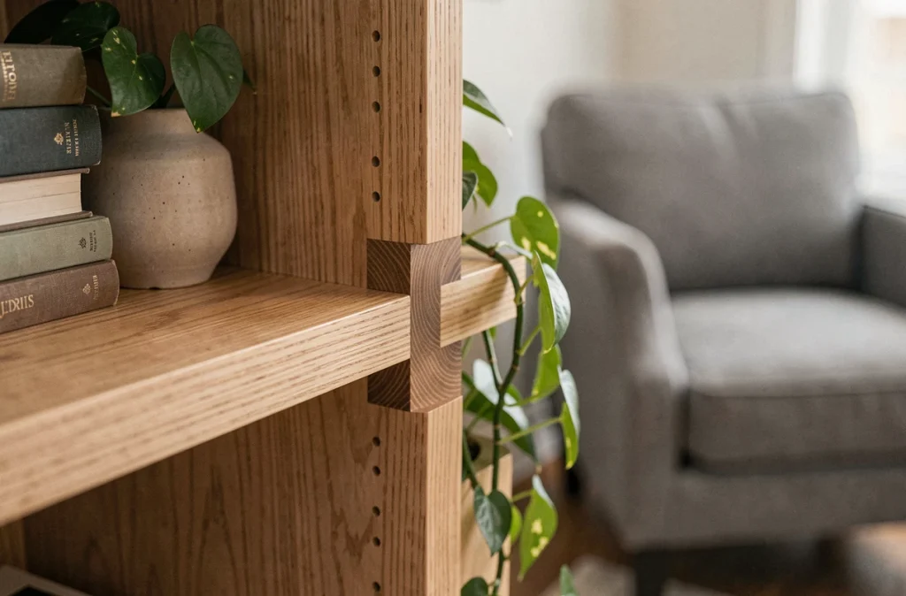 Détail d'un angle de bibliothèque sur-mesure en chêne avec finition soignée et décoration de livres et plantes dans un séjour