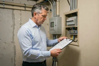 Diagnostiqueur immobilier professionnel inspectant un tableau électrique avant la mise en location d'un appartement