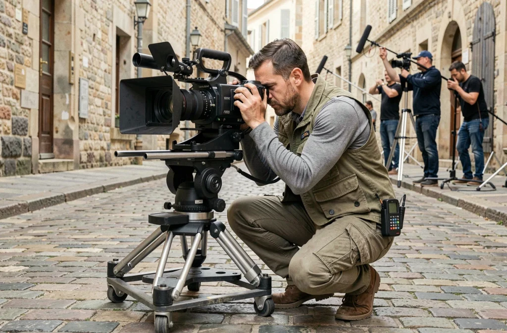 Directeur de la photographie ajustant une caméra cinéma sur un tournage en extérieur dans une rue française, illustrant le métier technique et bien rémunéré de chef opérateur