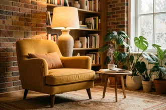 Coin salon cosy avec fauteuil en tissu moutarde, lampe de sol en céramique et détails décoratifs chaleureux pour un éclairage d'ambiance réussi