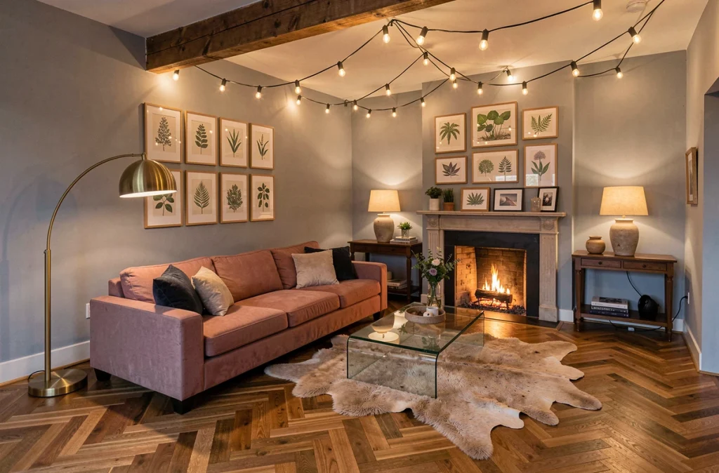 Salon ouvert au crépuscule avec cheminée, lampes décoratives et poutre en bois pour illustrer les différentes sources d'éclairage d'ambiance