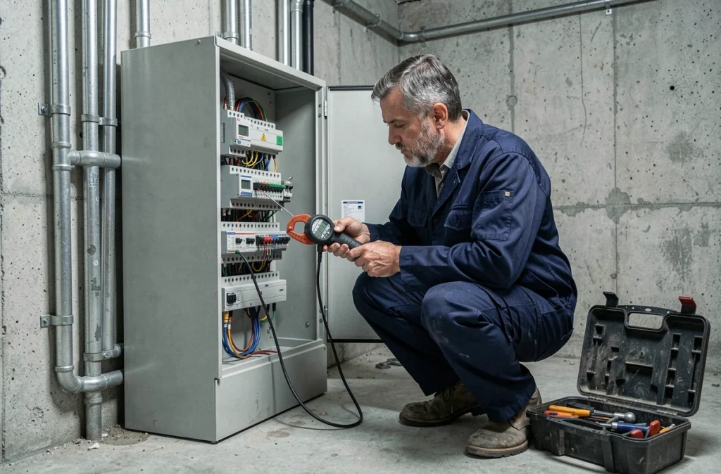 Électricien mesurant le courant en ampères sur un tableau électrique résidentiel avec un ampèremètre à pince professionnel
