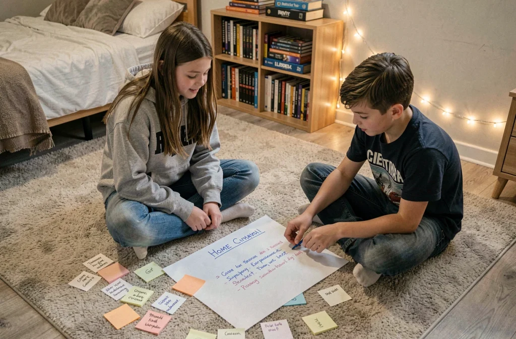 Enfants préparant une liste de films et organisant un marathon cinéma maison sur le sol