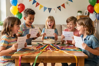 Groupe d'enfants participant à un quiz cinéma lors d'un anniversaire autour d'une table décorée