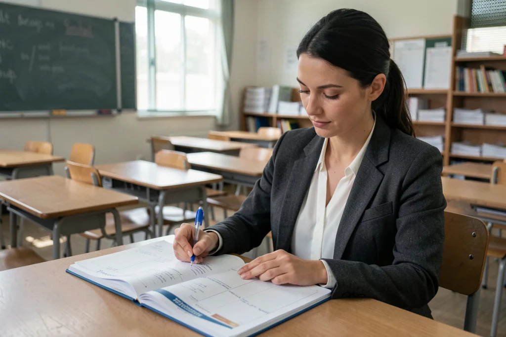 Enseignante annotant un agenda scolaire bi-semaine pour organiser cours et examens en semaines paires et impaires