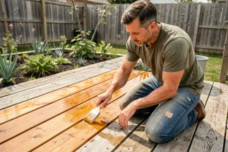 Homme appliquant une lasure sur une terrasse en bois vieillie avant l'été dans un jardin de banlieue