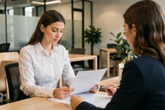 Jeune femme en entretien professionnel pour un stage ou une première expérience dans un bureau moderne