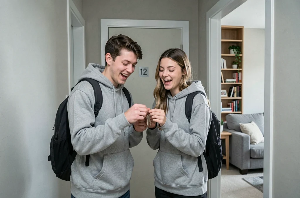 Deux étudiants découvrant leur appartement meublé avec les clés en main devant la porte