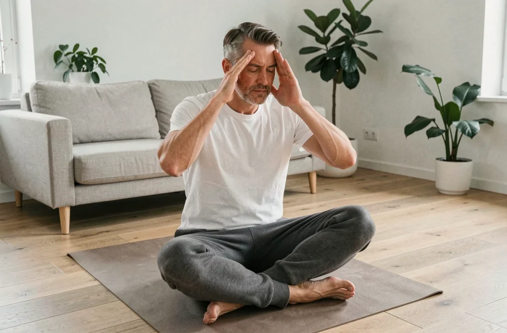 Homme pratiquant l'exercice de palming pour soulager la fatigue oculaire dans un salon minimaliste