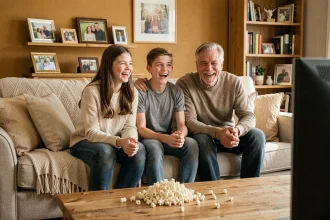 Famille réunie dans le salon regardant une comédie ensemble et riant aux éclats