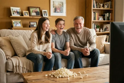 Famille réunie dans le salon regardant une comédie ensemble et riant aux éclats