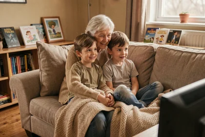 Grand-mère et petits-enfants regardant ensemble un film d'animation français sur le canapé du salon