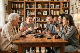 Famille multigénérationnelle jouant à un jeu de devinettes sur la musique de film dans un salon chaleureux
