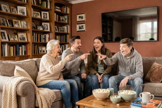 Famille multigénérationnelle réunie sur un canapé pour regarder un jeu télévisé le weekend