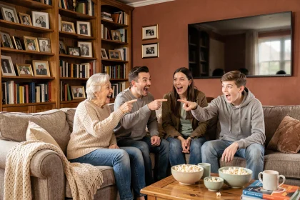 Famille multigénérationnelle réunie sur un canapé pour regarder un jeu télévisé le weekend
