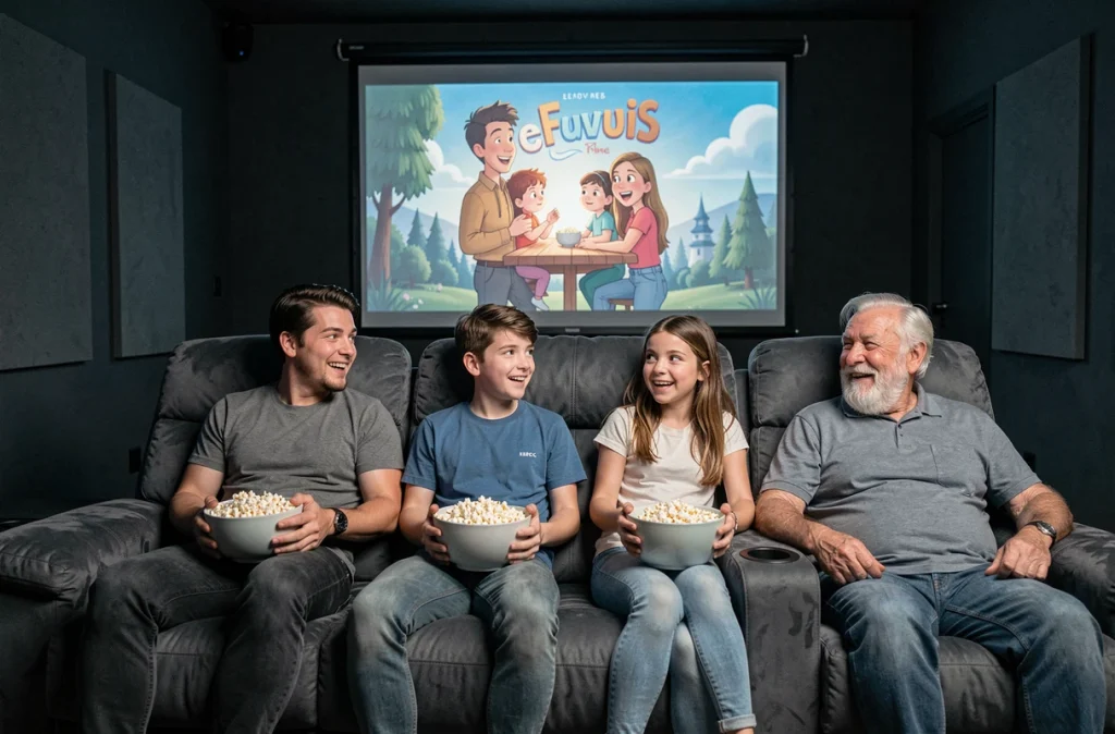 Famille multigénérationnelle réunie dans une salle de cinéma maison pour regarder un film d'animation français