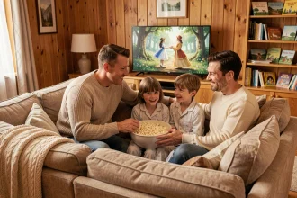 Famille réunie sur un canapé regardant une adaptation de conte classique en soirée cinéma à la maison