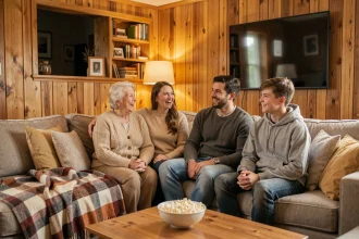 Famille multigénérationnelle réunie sur un canapé pour regarder une série télévisée ensemble lors d'une soirée conviviale