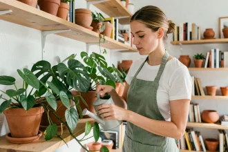 Femme arrosant ses plantes d'intérieur dans un salon style scandinave avec des pots en terre cuite sur des étagères en bois