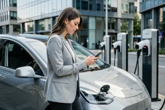 Femme utilisant une application d'assurance auto près d'une voiture électrique branchée à une borne de recharge en ville