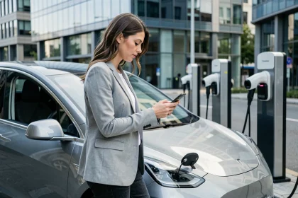 Femme utilisant une application d'assurance auto près d'une voiture électrique branchée à une borne de recharge en ville