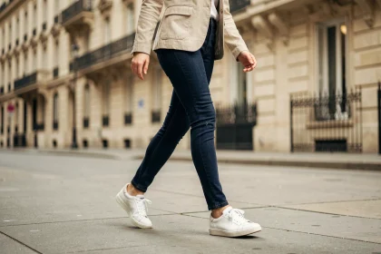 Femme portant des baskets blanches en cuir avec un jean indigo et une veste beige, marchant sur un trottoir parisien dans un style urbain décontracté