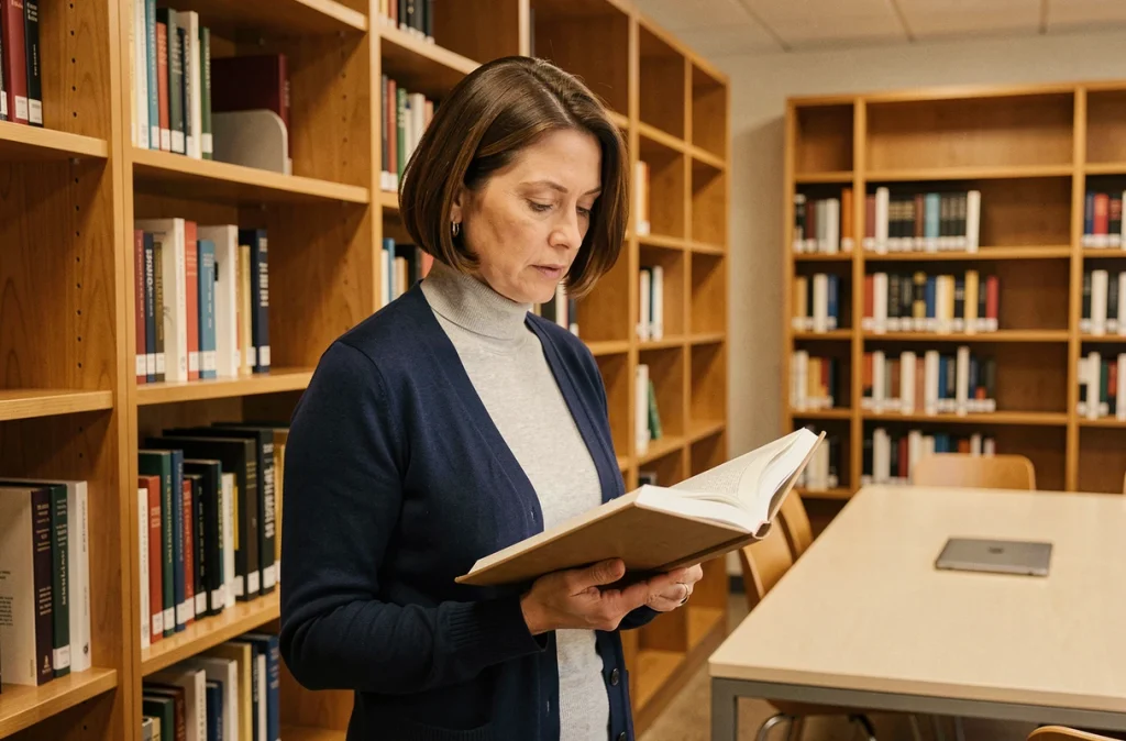 Femme concentrée en bibliothèque lisant un livre, symbolisant les effets positifs d'un bon sommeil sur la mémoire et l'apprentissage