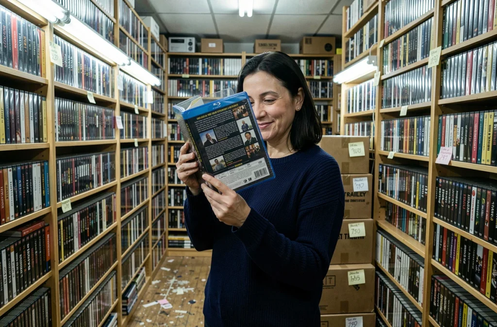 Une femme examine un coffret Blu-ray dans une boutique de revente de films d'occasion