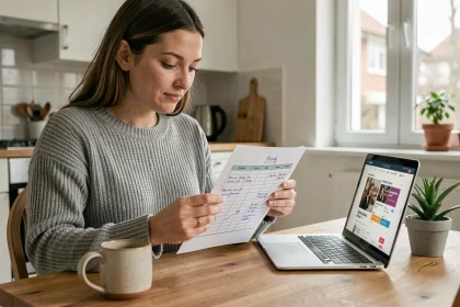 Femme gérant son budget d'abonnements streaming sur papier et ordinateur portable dans une cuisine moderne