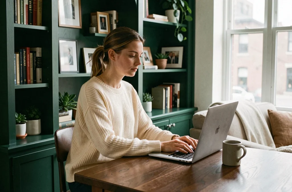 Femme travaillant dans un coin bureau intégré à une bibliothèque verte dans un appartement urbain