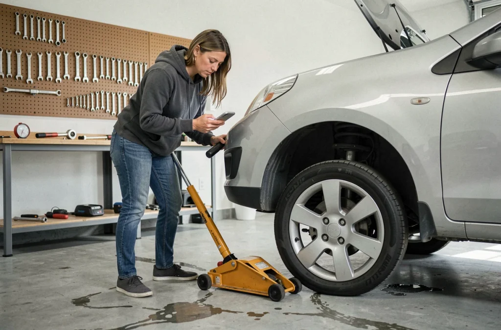 Femme utilisant un cric hydraulique pour changer un pneu dans son garage avec son smartphone comme guide